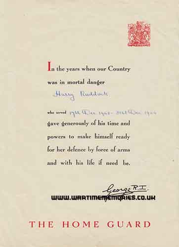 Harry Ruddock Home Guard certificate end of war